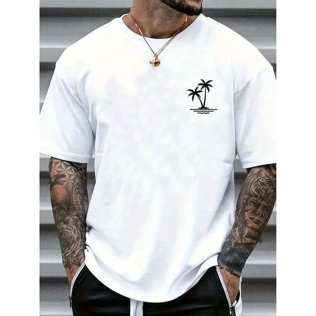 Sketch Style Palm Tree Pattern Top Casual Mid Stretch Short Sleeve Crew Neck Graphic T-shirt, Men's Tee For Summer Outdoor Tee For Adult, Men, Women, Teen, Teenager, Adolescent, Youth