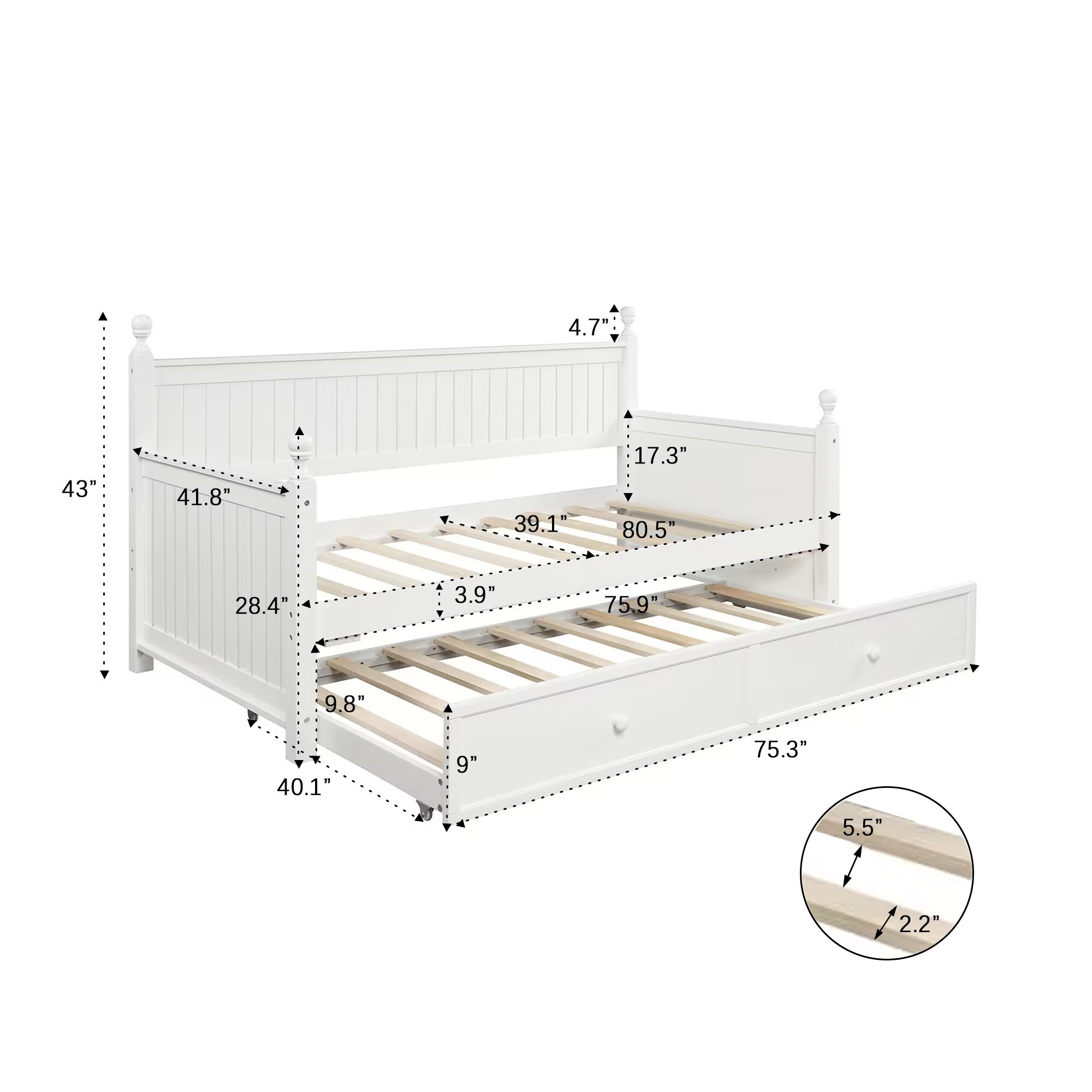 AENKYO Solid Pine Wood Twin Daybed with Trundle, 2-in-1 Convertible Sofa Bed for Guest Room/Kids Room, White