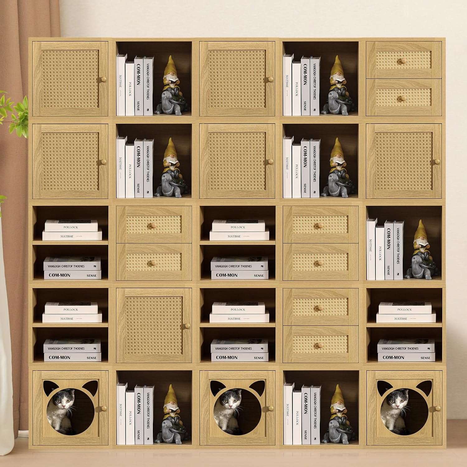 Magic DIY Cube Storage Organizer Stackable Cubes for Home Books Clothes Toys -Modular Cubby Storage System -Closet Organizer -Bookcase Closet (Yellow Oak,Rattan Drawer Cube)
