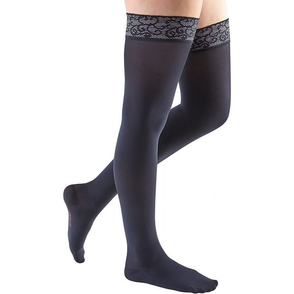 mediven comfort 30-40 mmHg Thigh High w/Lace Silicone Top Band Closed Toe Compression Stockings, Navy, V-Petite