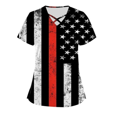 

Fashion Gift! MIARHB Plus Size independence Day Printed Scrub Working Uniform Tops for Women Cross V-Neck Short Sleeve Fun T-Shirts Workwear Tee with Pockets dresses for women 2023 Black XXXL