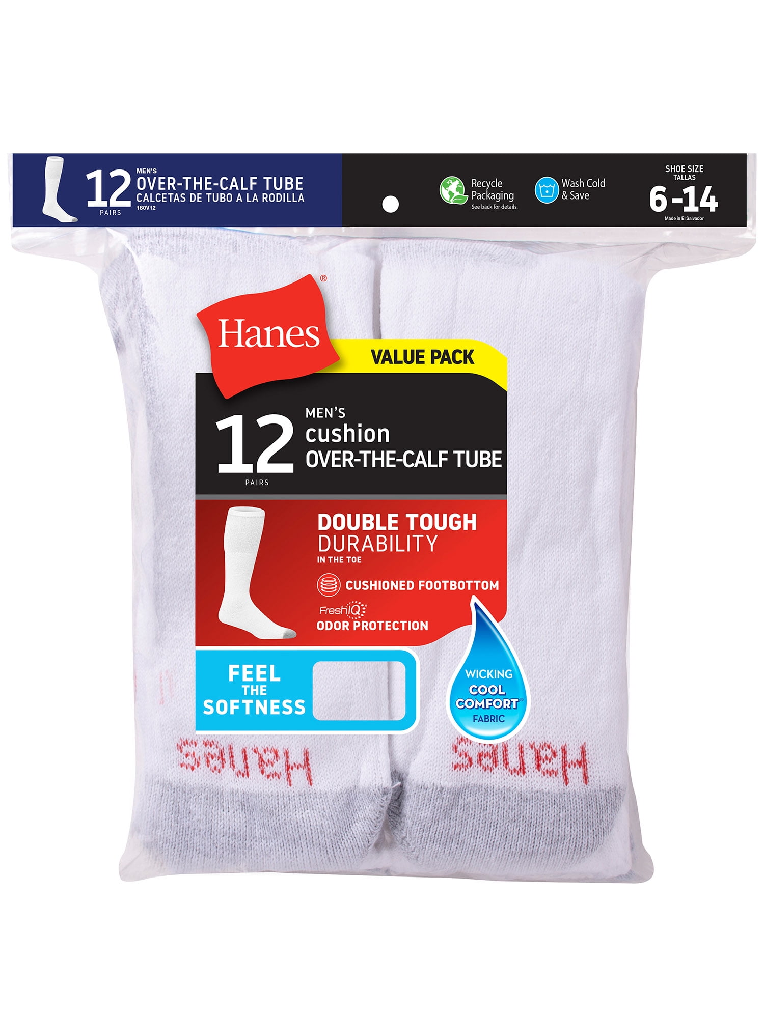 Hanes Men's Double Tough Durability Over-the-Calf Tube Socks, 12-Pack