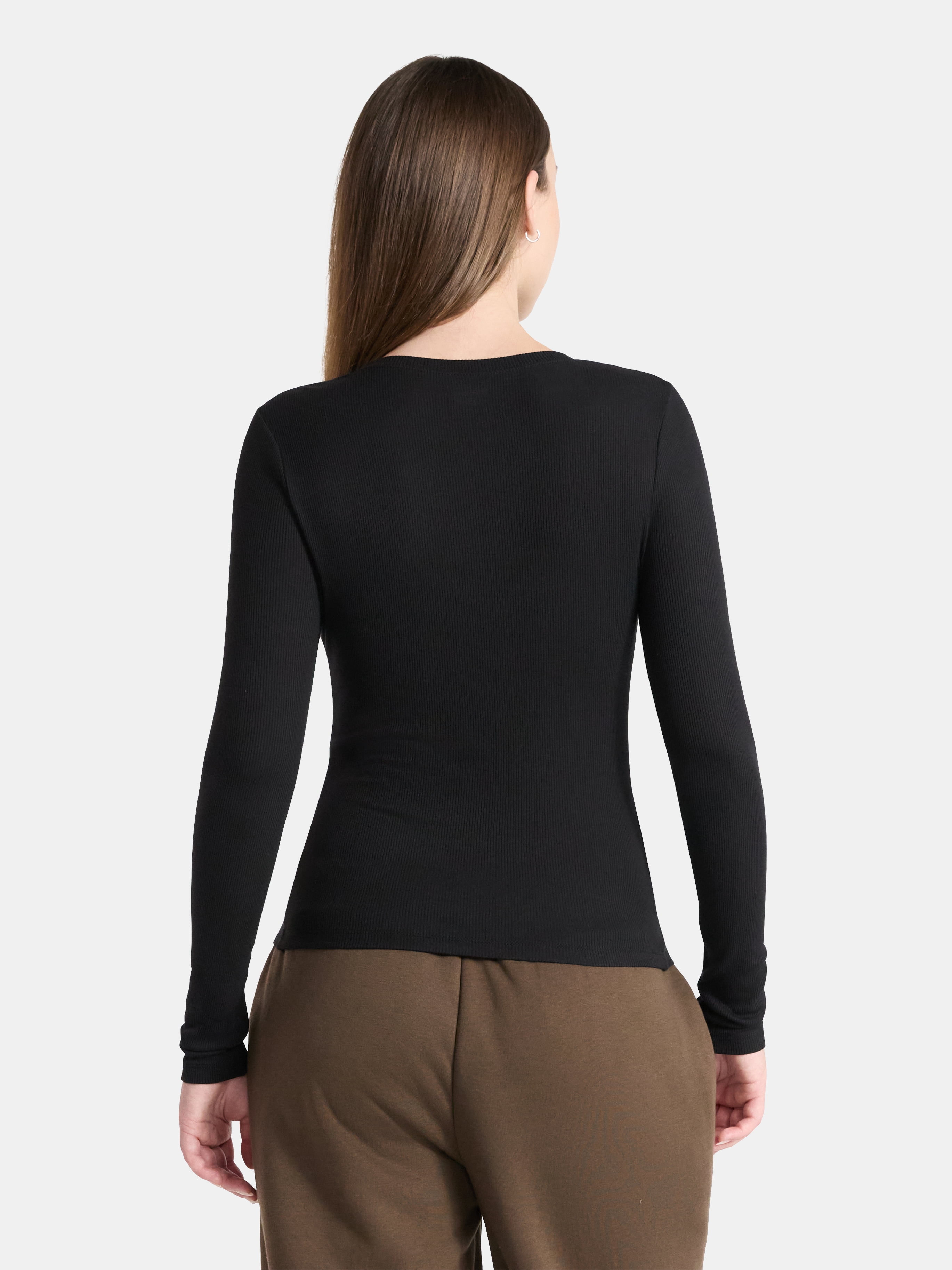 No Boundaries V-Neck Ribbed Top with Long Sleeves, Women’s