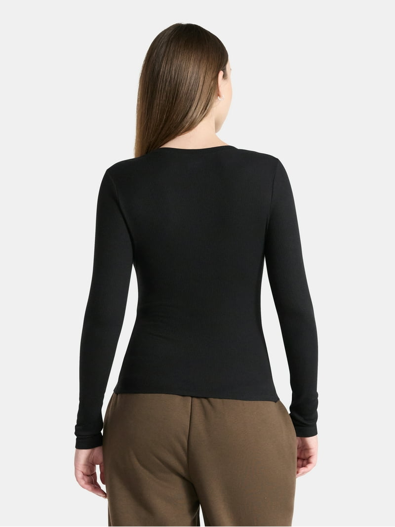 No Boundaries V-Neck Ribbed Top with Long Sleeves, Women's