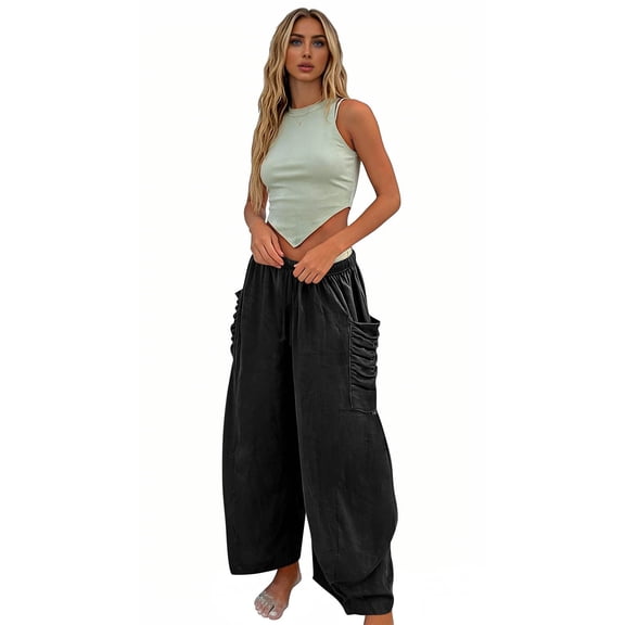 JUSLIO Women Pants Linen Pleated Loose Casual Drawstring Stretchy with Pockets Straight Pants