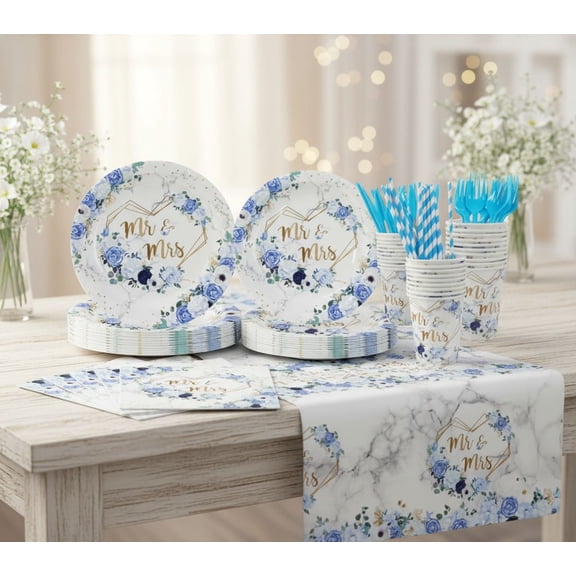 169 pcs Blue Wedding Decorations, Mr and Mrs Wedding Disposable Dinnerware, Floral Printed Bridal Shower Plates and Napkins Sets, Paper Plates Cups Party Supplies, Serve 24 Guests
