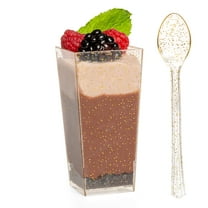 Ilyapa 3oz Plastic Dessert Cups - 100 Pack Mini Dessert Cups with Spoons - Clear Reusable Small Appetizer Cup for Cheesecake Shooters, Chocolate Mousse - Party and Catering Supplies - Square Gold