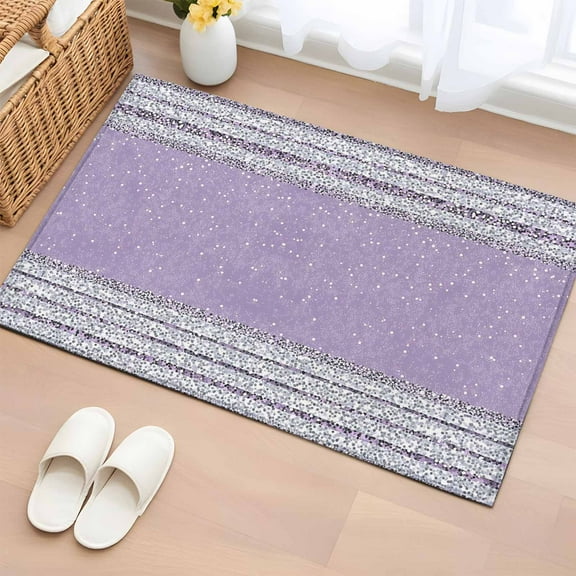 Purple Silver Stripes Bathroom Rug Washable 2x3 Entryway Rug Non Slip Modern Ombre Abstract Aesthetic Front Door Mat Low Pile Indoor Doormat Throw Floor Carpet for Kitchen Bedroom Entrance