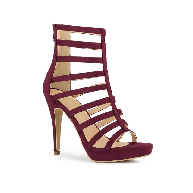 BLISSFUL STEP Women's Open Toe Platform Stiletto Heel Cage Heeled Sandals Burgundy 6