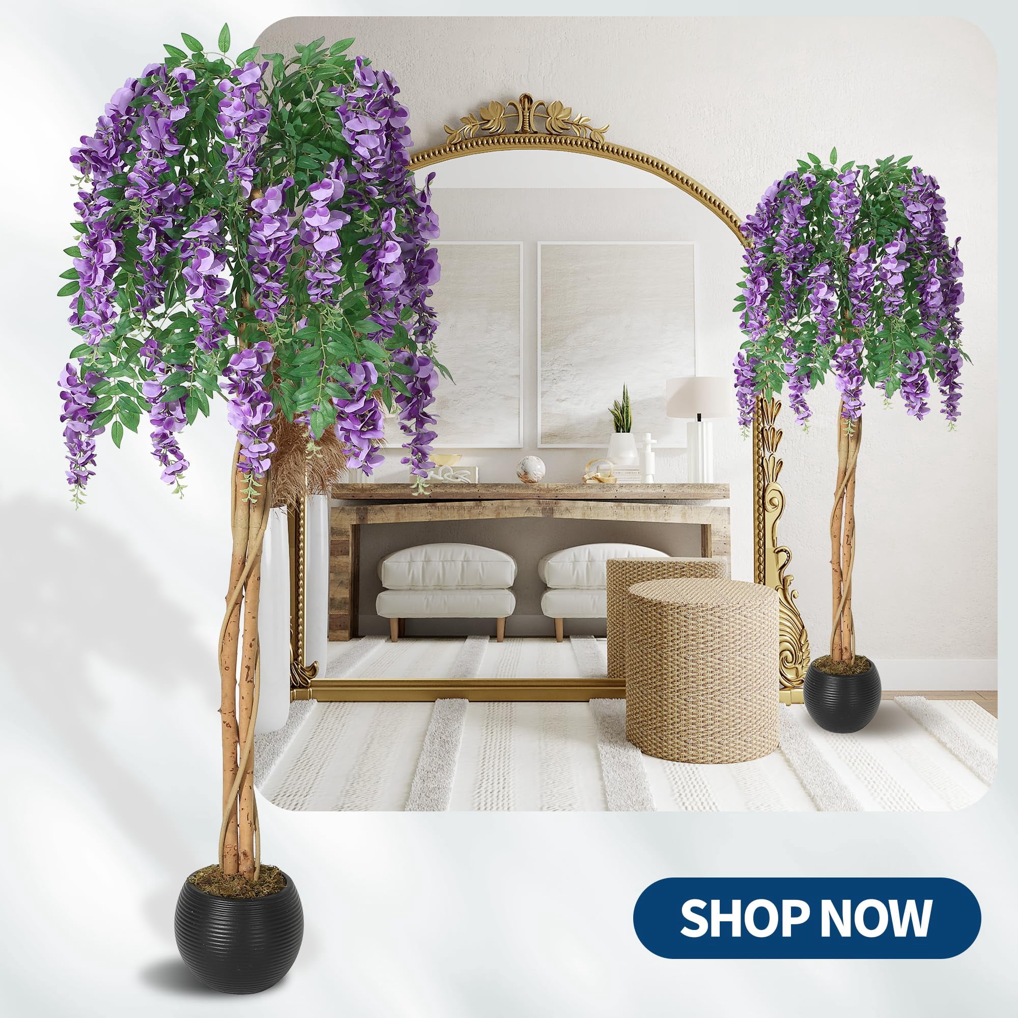 Huisuilinss Artificial Purple Blossom Tree,Artificial Purple Bean Flower Tree,Potted Faux Flower Tree,Silk Faux Plant Fake Tree With Double Trunk,Hanging Vine,Moss For Office Wedding Photo Backdrop