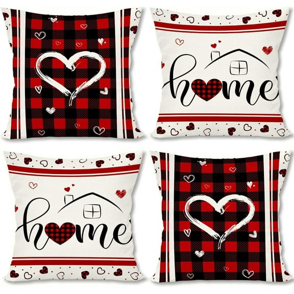 Buffalo Plaid Love Hearts Valentine''s Day Pillow Covers 18x18 Set of 4 Happy Valentine''s Day Decorations and Supplies for Home Sofa Couch