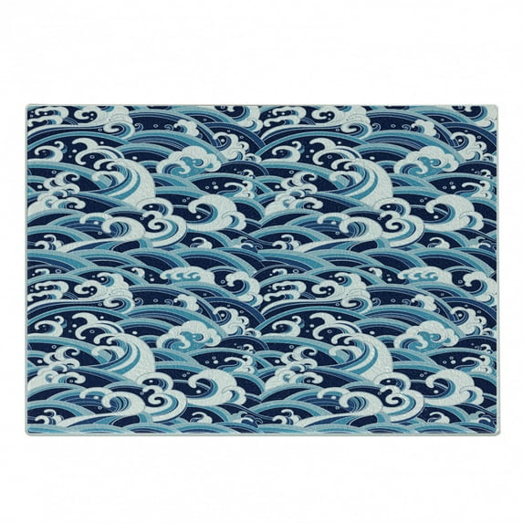 Japanese Wave Cutting Board, Traditional Eastern Pattern with Waves of Water Foam Splashes, Decorative Tempered Glass Cutting and Serving Board, Small Size, Pale Blue Navy Blue, by Ambesonne