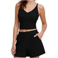 thumbnail image 2 of Avrnliq Womens Black Ribbed 2 Piece Activewear Lounge Set, V-Neck Stretchy Crop Tank Top & High Waisted Shorts with Side Pockets,Size L, 2 of 7