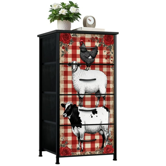 Farmhouse Dresser for Bedroom with 4 Storage Drawers Farm Animal Chicken Sheep Cow Red White Plaid Dressers Chest of Drawers Steel Framed Fabric Closet Organizers for Entryway