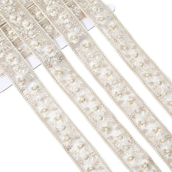 1.38 Inch White Embroidered Floral Lace Ribbon Pearl Bead Woven Fabric Polyester Boho Jacquard Trim Tape Flower Embroidery Applique Ribbons