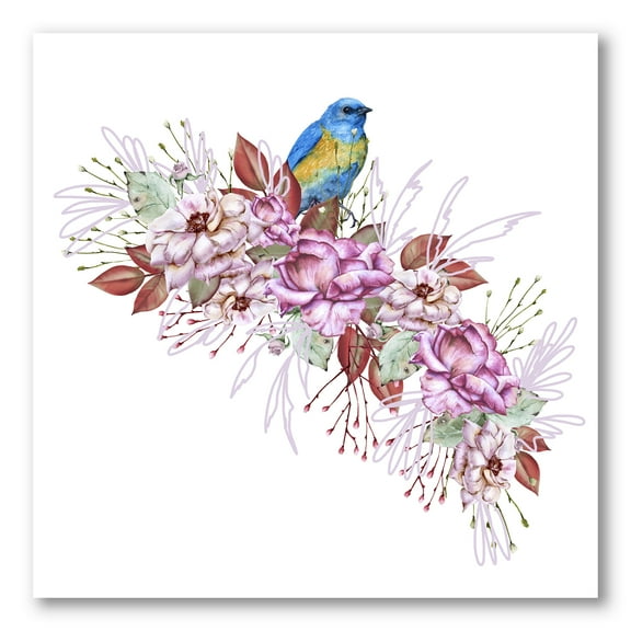 Designart ' Little Blue Bird Sitting On Colorful Boquet of Flowers ' Traditional Canvas Wall Art Print