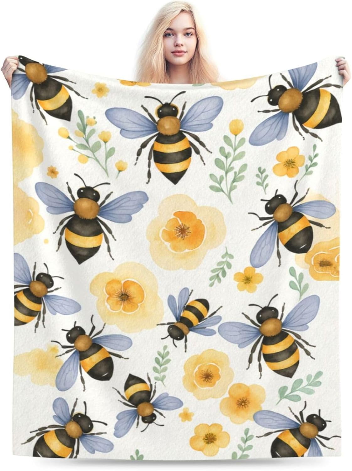 Bee Blanket Super Soft Warm Fluffy Fleece Flannel Flower Insect Blanket Cozy Fuzzy Plush Stuff Floral Bedding Blankets Gifts for Women Users men Women Adults 50"X40"
