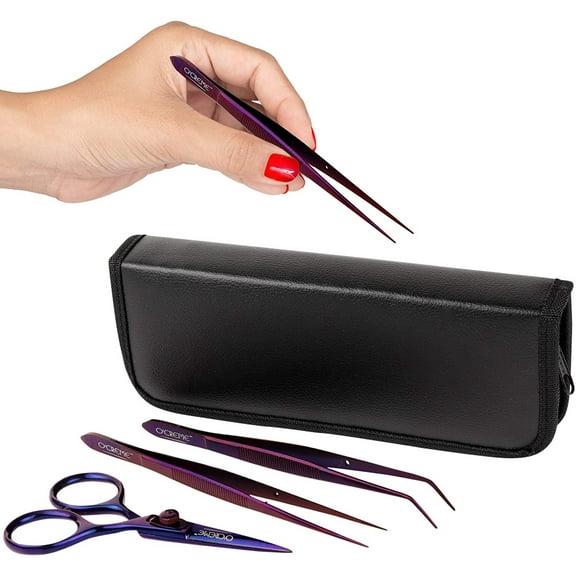 O'Creme Stainless Steel Precision Kitchen Culinary Fine-Tip Tweezer Tongs 6-1/2 inch straight and 6-3/8 inch Curved, Plus Super Sharp Chef Scissors, Total 3 Pieces Purple