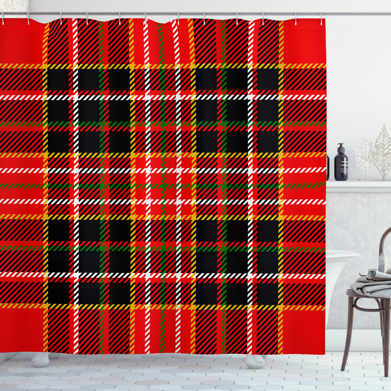 Red Plaid Shower Curtain, Vertical and Horizontal Lines Tartan Backdrop