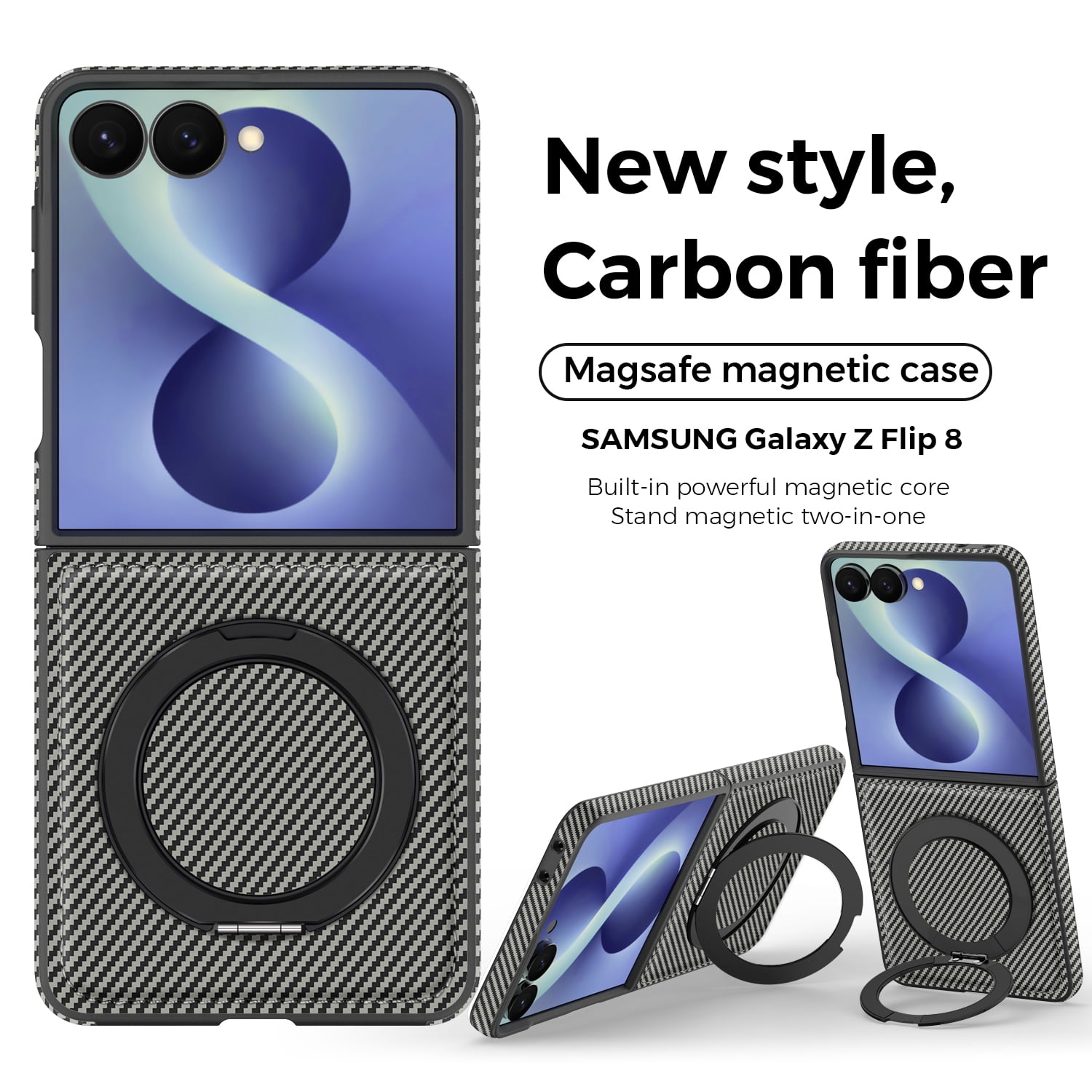 ELEHOLD Magnetic Case for Samsung Galaxy Z Flip8, Carbon Fiber Pattern Faux Leather Cover with 360 Rotating Ring Stand, Raised Edge Protection, Gray