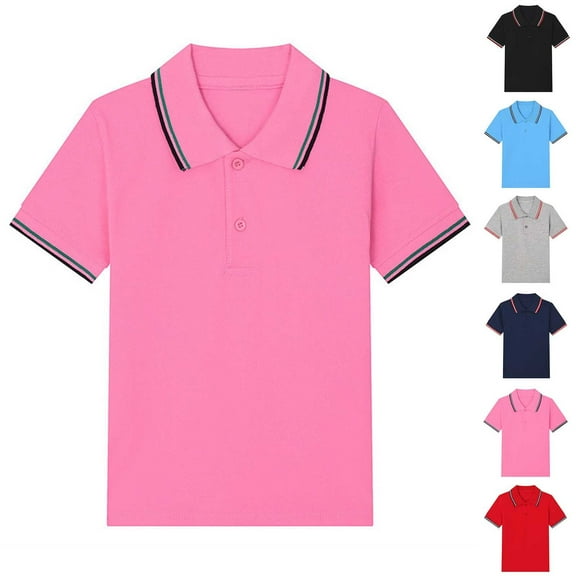 Eltusu Girls Cotton Polo Shirts, Short Sleeve Pullover Breathable School Uniform Collar Shirts Pink Size 2-13 T