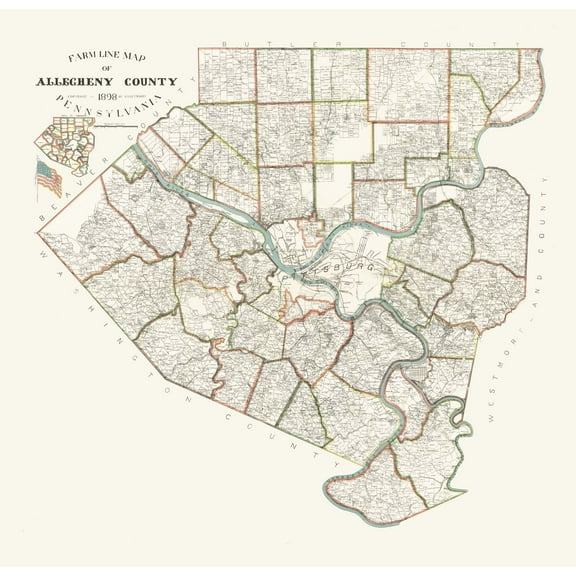 Historic County Map - Alleghany County Pennsylvania - Trainey 1898 - Vintage Wall Art