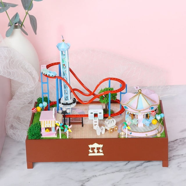 Wooden Doll House Kit Amusement Park Roller Coaster Music Box Miniature With Furniture Dollhouse Toys For Children Xmas Gift heqiyong LED