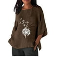 thumbnail image 1 of Hauts d'Été pour Femmes, Chemise Imitation Lin Manches 3/4 Col Rond T-Shirt Ample avec Poche Chemise Décontractée Légère et Pratique Haut d'Été, Hauts d'Été pour Femmes, 1 of 3