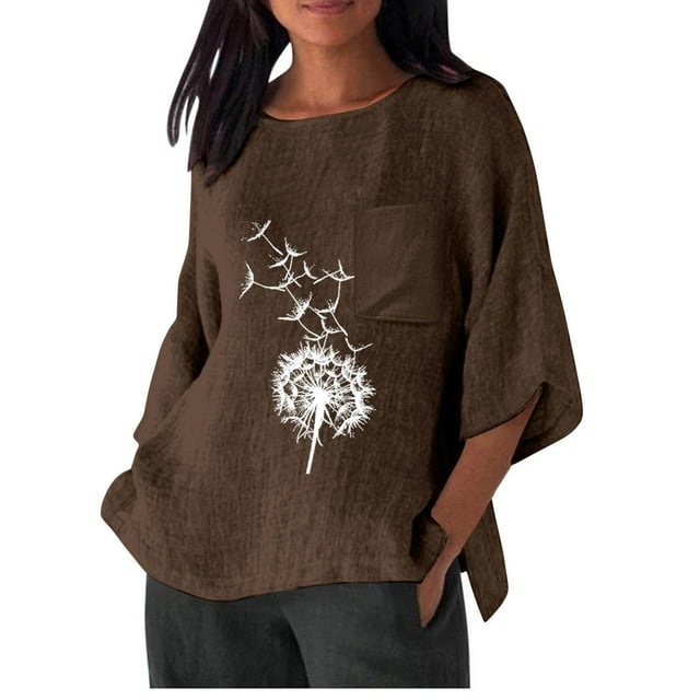 Hauts d'Été pour Femmes, Chemise Imitation Lin Manches 3/4 Col Rond T-Shirt Ample avec Poche Chemise Décontractée Légère et Pratique Haut d'Été, Hauts d'Été pour Femmes