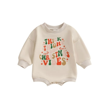 

Baby Girls Christmas Khaki Long Sleeve Crewneck Letter Print Romper