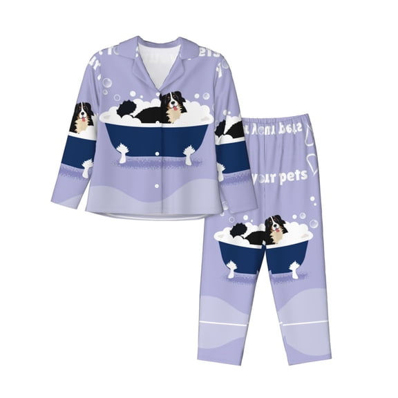 Pajamas for Women Set - Bernese Mountain Dog Sitting Bath Tub Comfy Long Sleeve Button Up Pajama Sets for Women 2 Piece, Soft Sleepwear Nightwear Pjs Lounge Sets for Women with Pockets