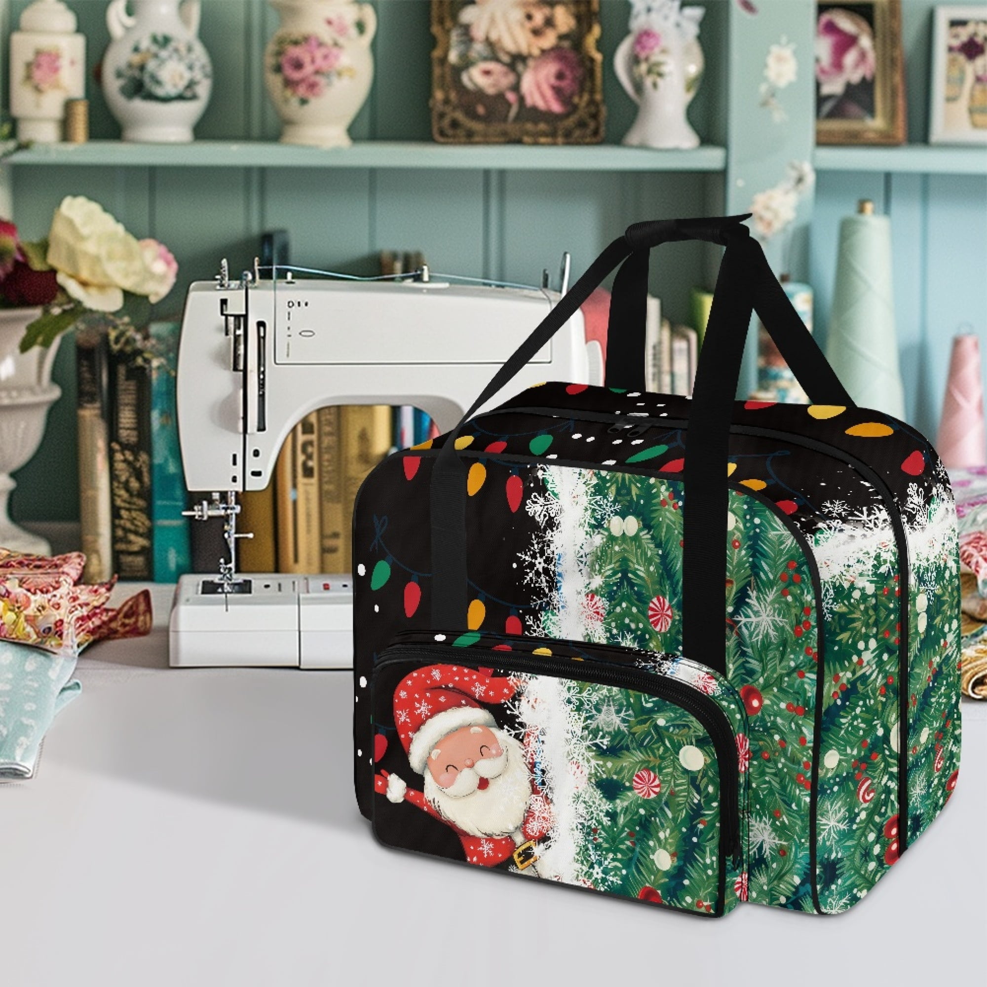 ZIATUBLE Christmas Santa Claus Portable Cover Tote Bag Snowflakes Sewing Machine Totes and Bags with 4 Bottom Rubber Pads Sewing Machine Cabinets and Storage Organizer for Travel
