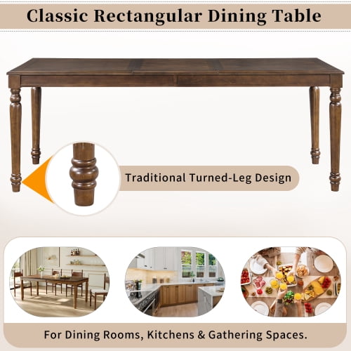 78.7" Traditional Rectangular Dining Table with Framed Wood Top & Turned Rubberwood Legs, Walnut