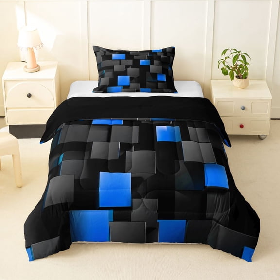 Manfei Abstract 3D Cube Twin Comforter Sets, Geometric Checkered Bedding Set, Black and Blue, Black Reversible 2 Pieces, 1 Comforter and 1 Pillowcase