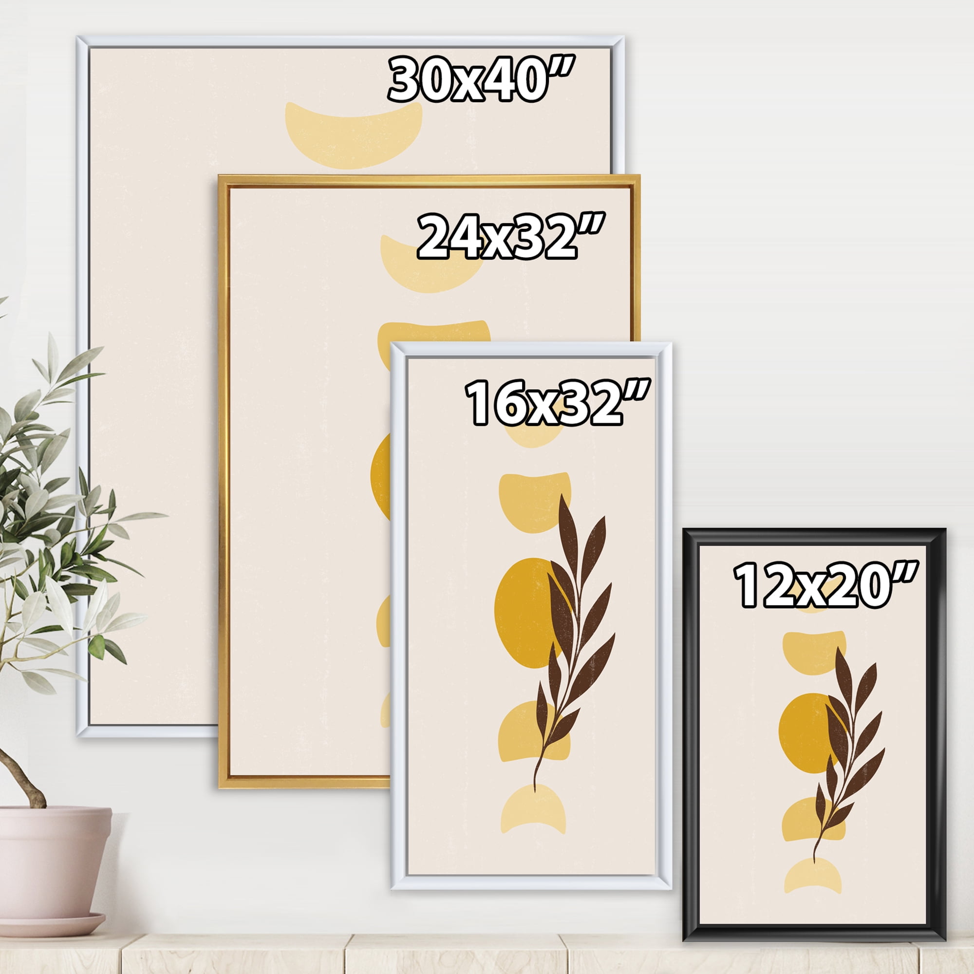 Abstract Geometrical Moon and Sun With Leaf VII 30 in x 40 in Framed Painting Canvas Art Print, by Designart