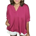 thumbnail image 1 of Timegard Oversized Tops for Women Satin V-Neck Short Sleeve Solid Color Work Casual Loose Tops Blouse, 1 of 6
