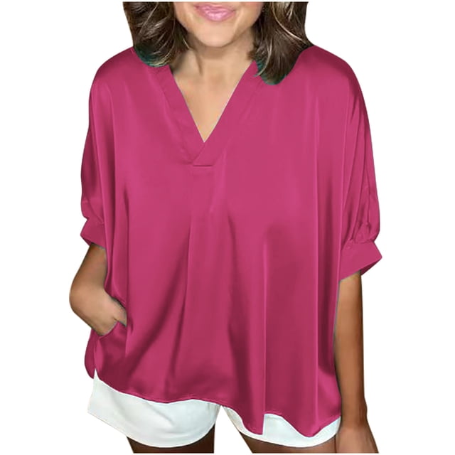 Timegard Oversized Tops for Women Satin V-Neck Short Sleeve Solid Color Work Casual Loose Tops Blouse