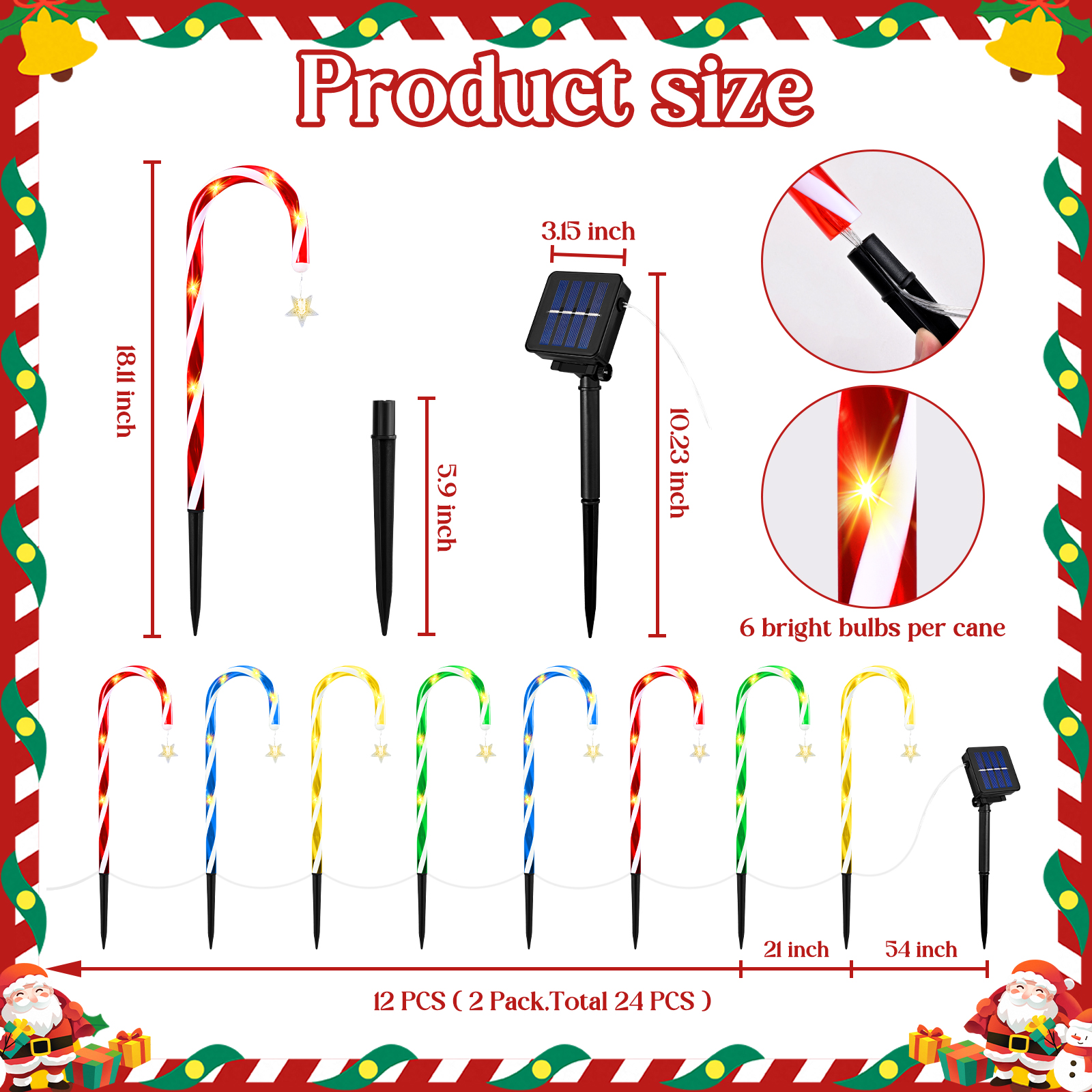 Ktinnead 24 Pack Solar Candy Cane Lights with Stars,Waterproof Pathway Stake Christmas Lights with 8 Colorful Lighting Modes,LED Landscape Lights for Outside Yard Walkway Garden Christmas Decorations
