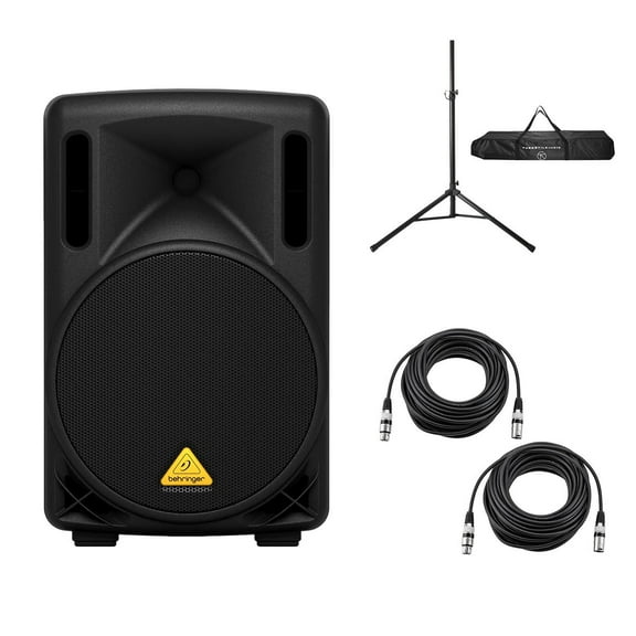 Behringer Eurolive B210D 10" 200W 2-Way Powered PA Speaker System, Bundle with Speaker Stand and 2x 50' XLR Microphone Cable