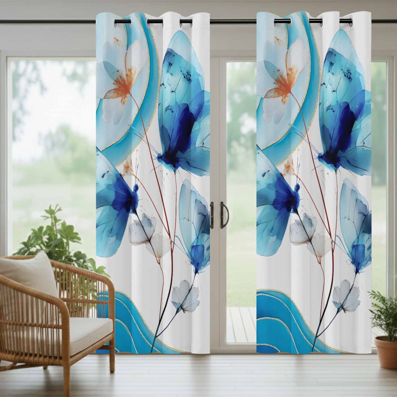Blue Butterfly Outdoor Curtains for Patio, Watercolor White Flowers Ocean Wave Modern Sunshade Privacy Drapes Grommet Waterproof Outside Curtains for Porch/Cabana/Balcony 54"x 108", 1 Panel