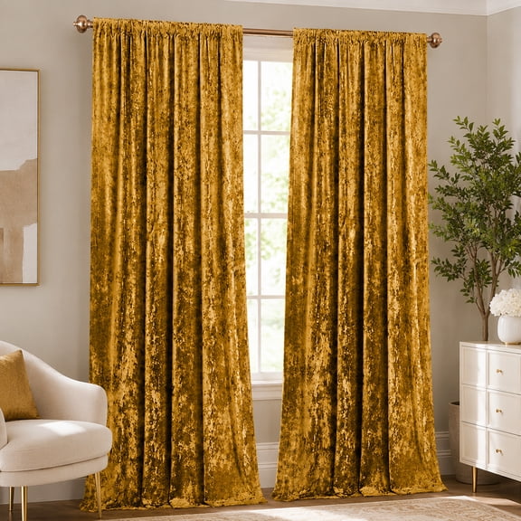 SUNICOL Crushed Velvet Curtains for Living Room & Bedroom, 280GSM Luxury Room Darkening Velvet Drapes with Rod Pocket, Thermal Insulated Light Blocking Window Treatments, Gold, 55''x 69''