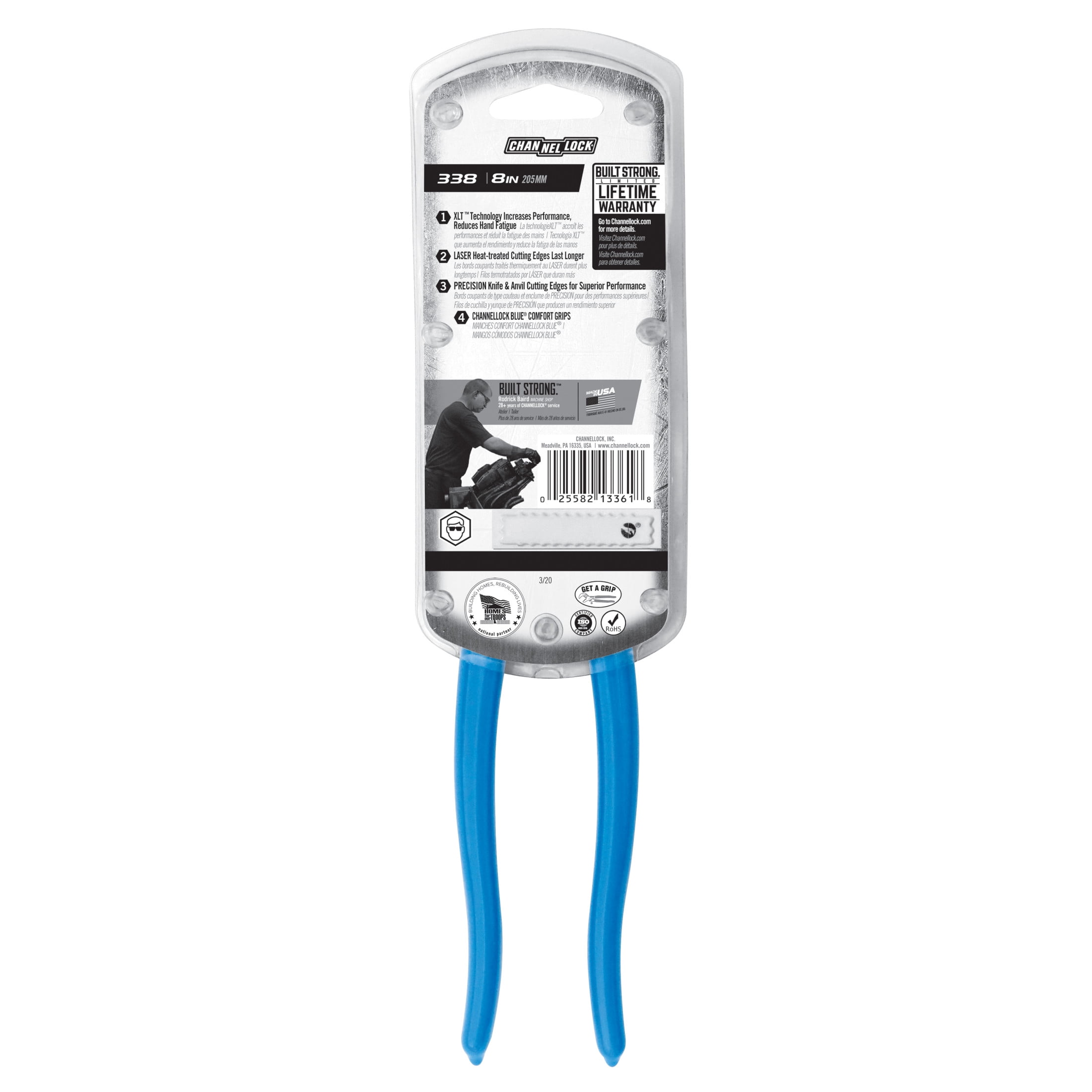 CHANNELLOCK 8-inch XLT High Leverage Diagonal Cutting Pliers, Knife and Anvil Style Cutting Edge, Made in USA (338)