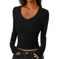 thumbnail image 2 of Women Long Sleeve V Neck Slim Fit Shirts Basic Tee Tops 2025 Fall Casual T Shirt Blouse Outfits Clothes Black M, 2 of 5