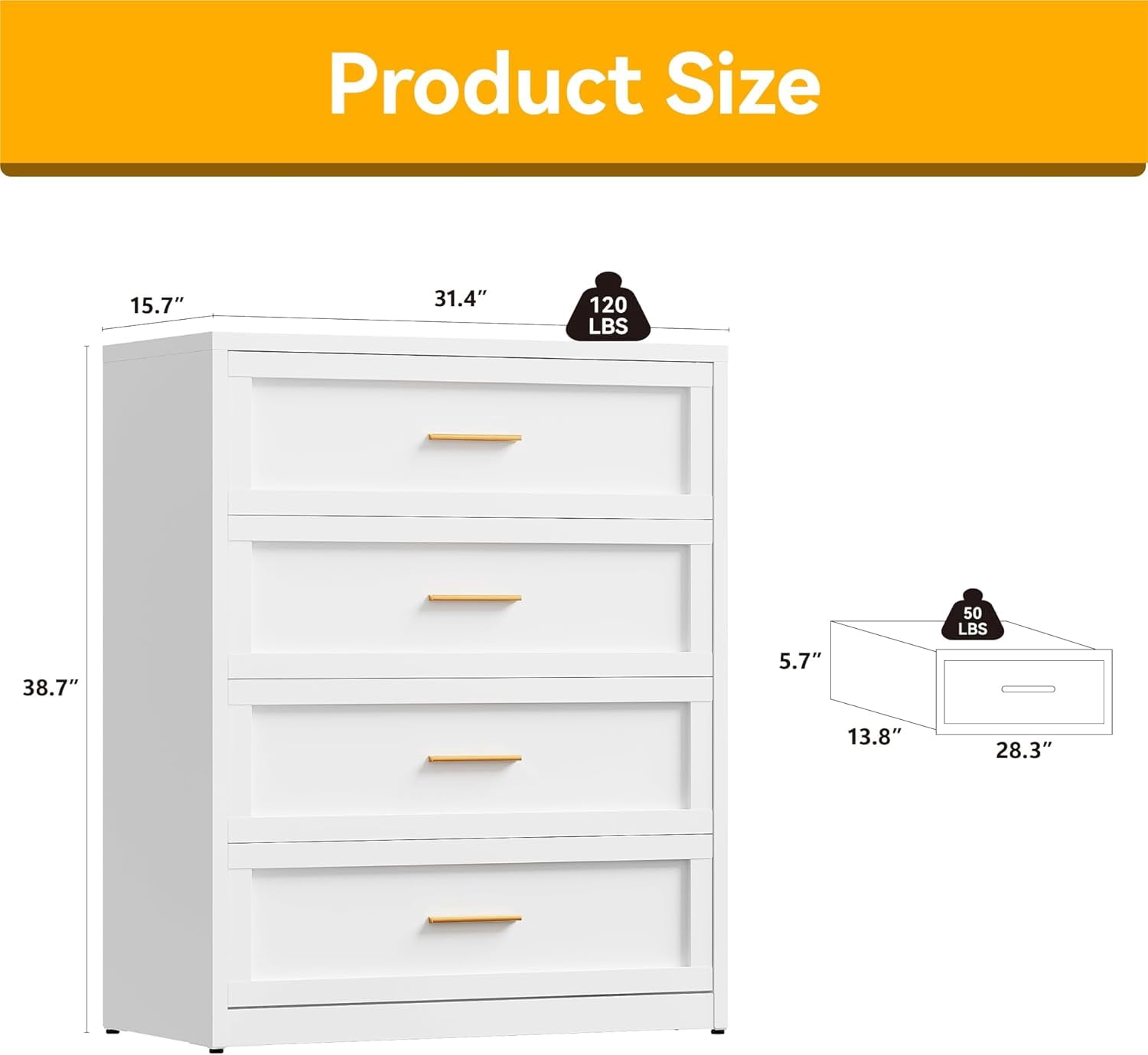 Elegant Metal 4-Drawer Dresser for Bedroom, Clothes Storaeg Drawer Chest for Closet, Farmhouse Dressers & Chests of Drawer with 4 Large Drawers,White