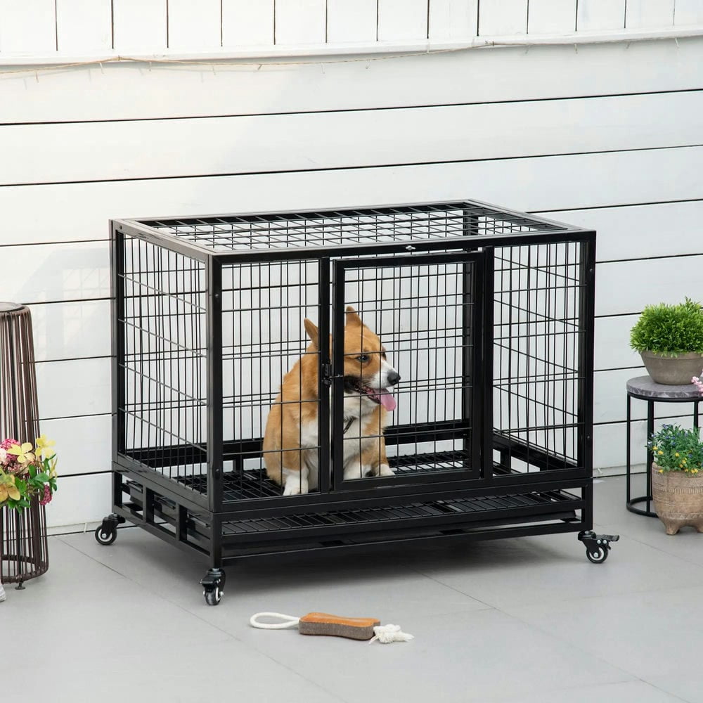 Topcobe 36" Heavy Duty Dog Crate with Removable Tray, Lockable Wheels and Double Door, for Medium and Large Dogs, Indoor Outdoor Pet Shelter, Small Animal Habitat, Black