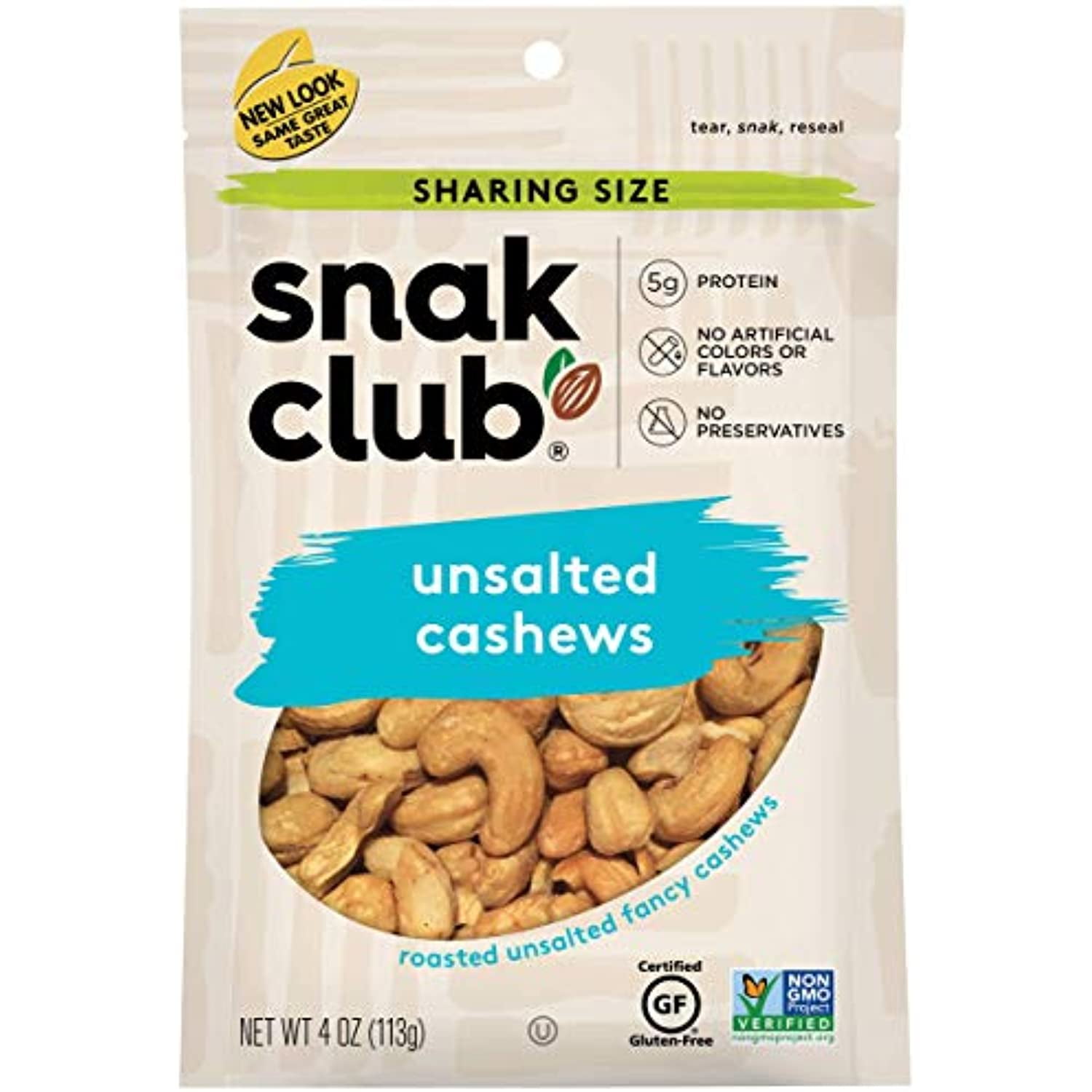 Snak Club Roasted & Unsalted Cashews, 4 Ounce (Pack Of 6)