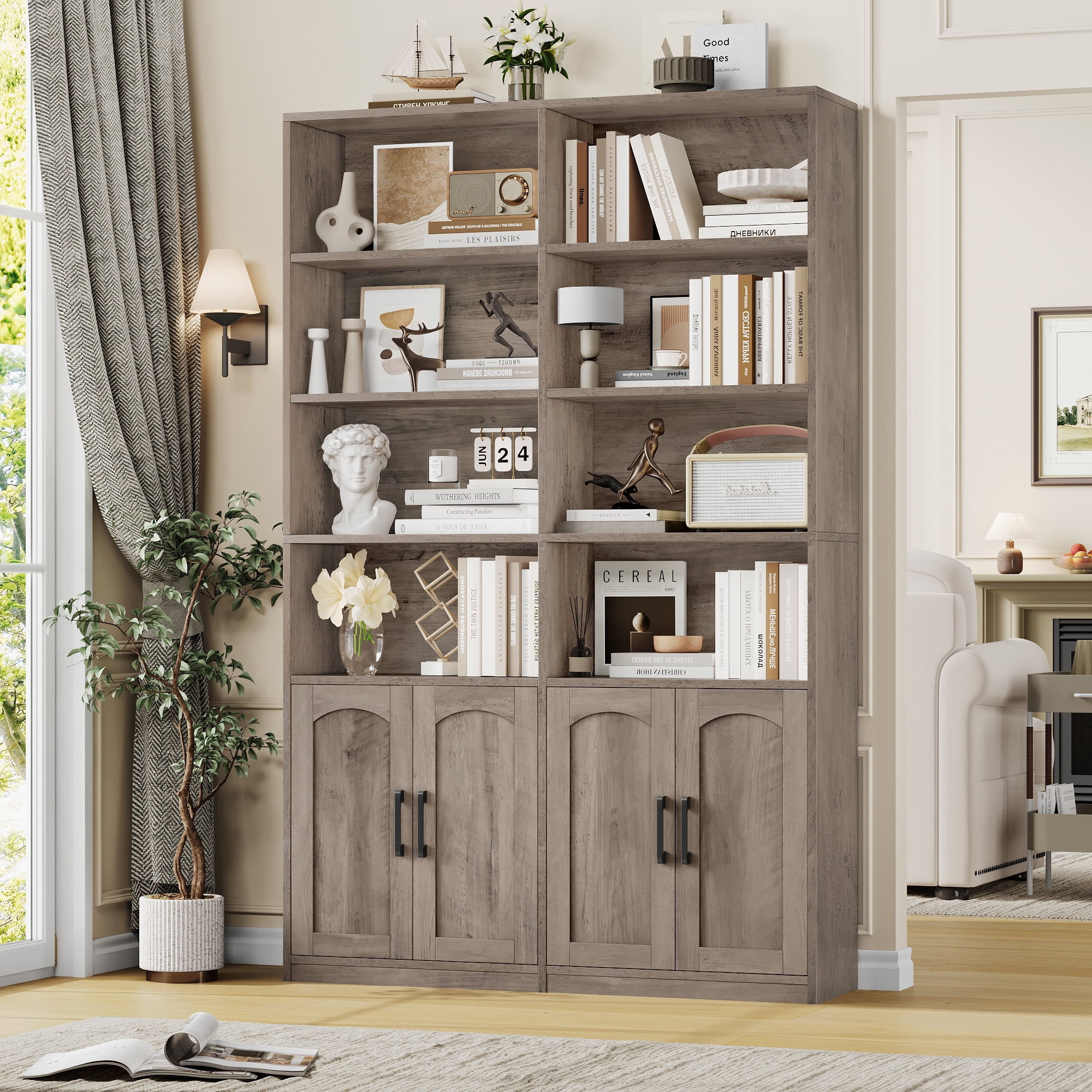 Homfa 73″ Tall Bookcases with Doors, 8 Cubes 6-Tier Double Row Bookshelf, Bookcase for Living Room Home Office, Wash Grey