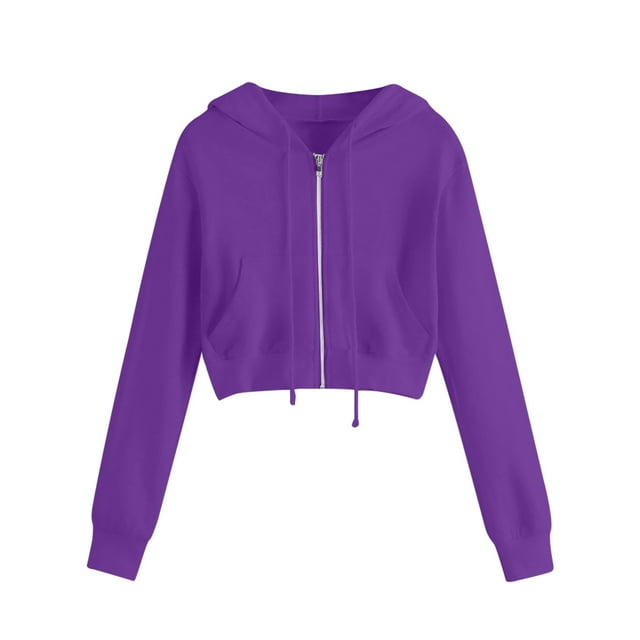 UPPADA Plus Size Cropped Sweatshirts for Women Trendy Zip Up Hoodies Basic Solid Color Jacket Drawstring Long Sleeve Crop Tops Fall Spring Pullover Tops Womens Oversized Full Zip Hoodie Purple,XXXL