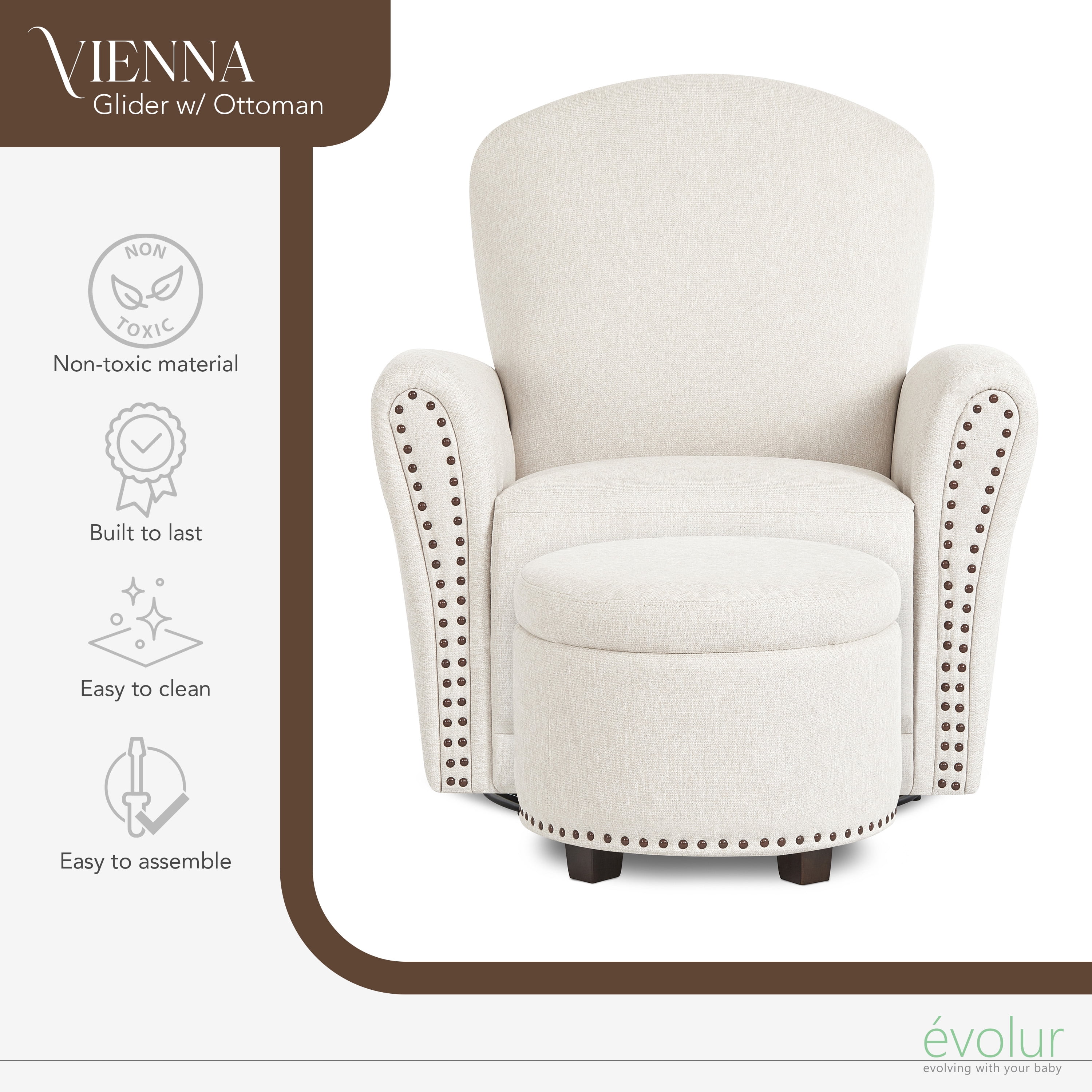 Evolur Vienna Swivel Glider with Ottoman and Nailhead Trim, Greenguard Gold Certified, Made from Sturdy and Sustainable FSC-Certified Wood, Sweet Cream