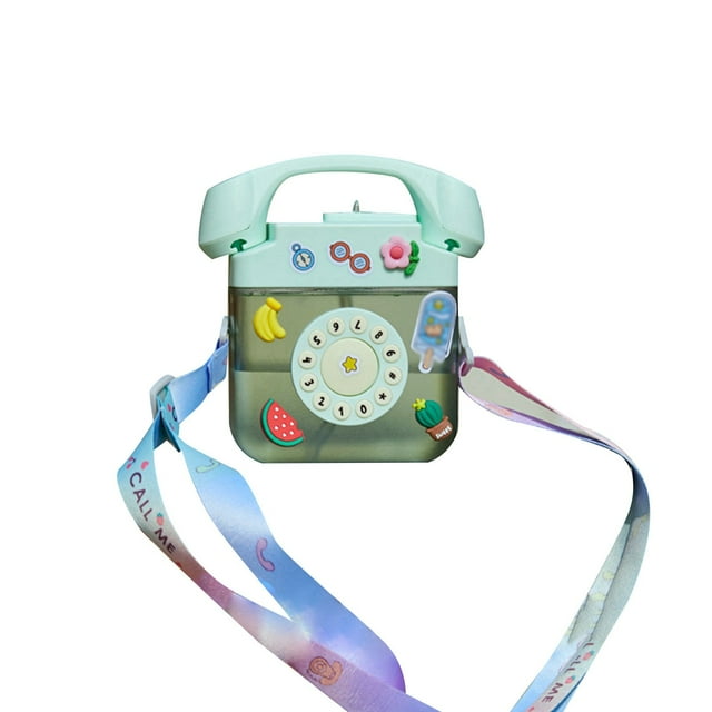 Binwennn Tasse Mignonne Tasse à Double Paroi en Verre Grande 400 ml Bouteille d'Eau Rétro en Forme de Téléphone avec Bandoulière Ajustable Bouteille d'Eau Potable Étanche avec Autocollants 3D Convient pour l'Extérieur